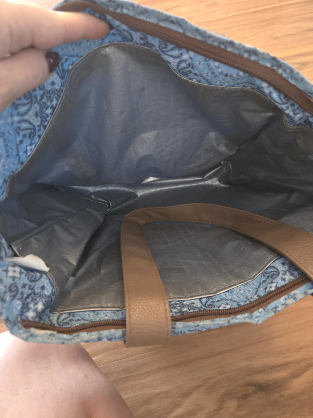 4/$15 Boho Beach Bag Quilted Blue Paisley Lunch Cooler  Tote Bag Tan Handles